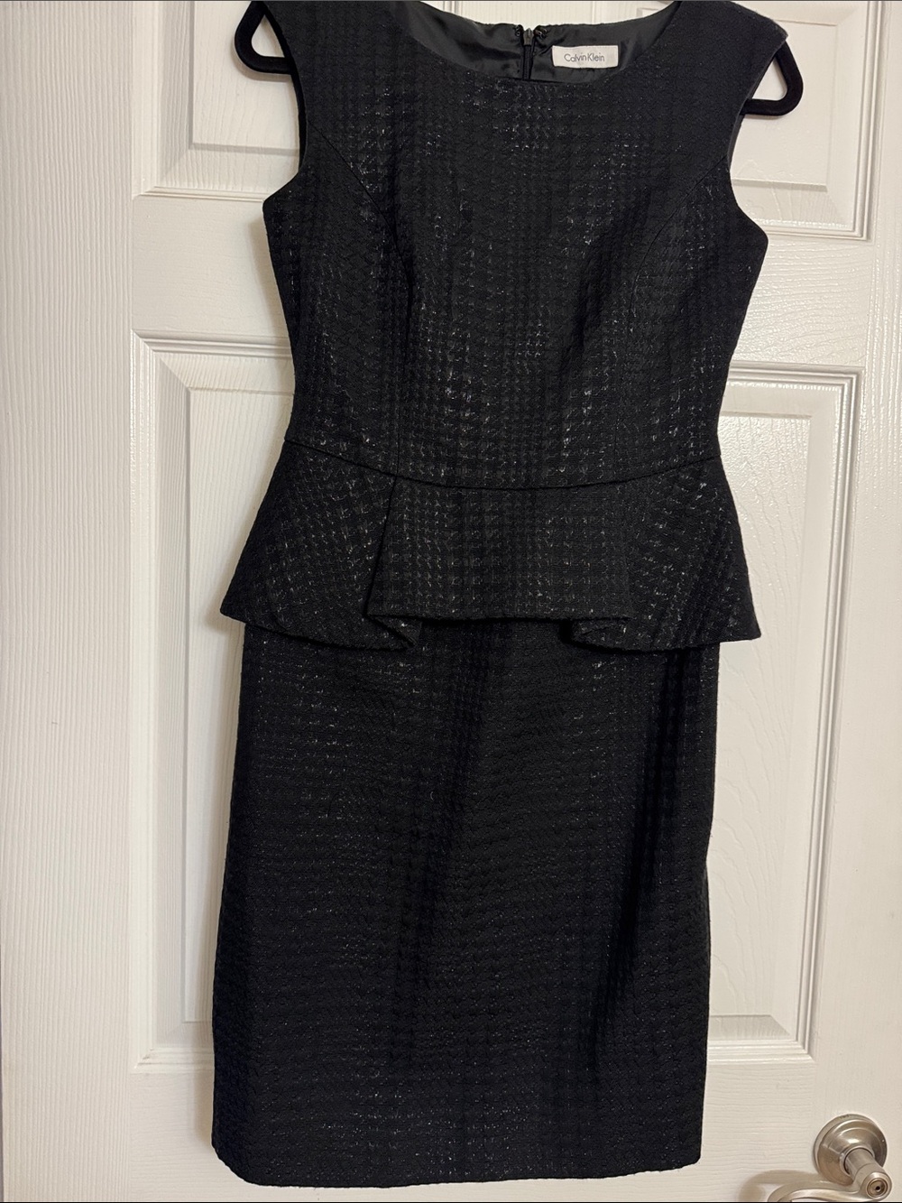 Calvin Klein Black Textured Peplum Sheath Dress with Cap Sleeves